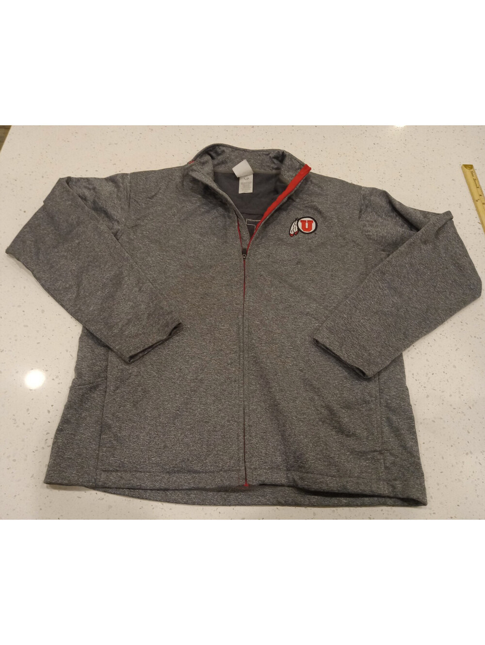 Knights Apparel Utah Utes Jacket Mens Large Gray Fleece Full Zip Red Trim Logo